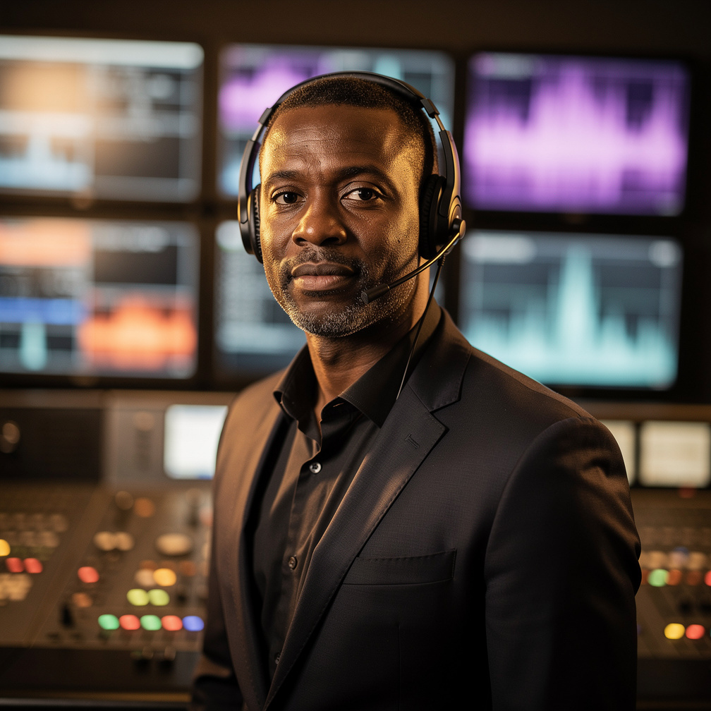 Black British executive producer wearing a headset in a production control room