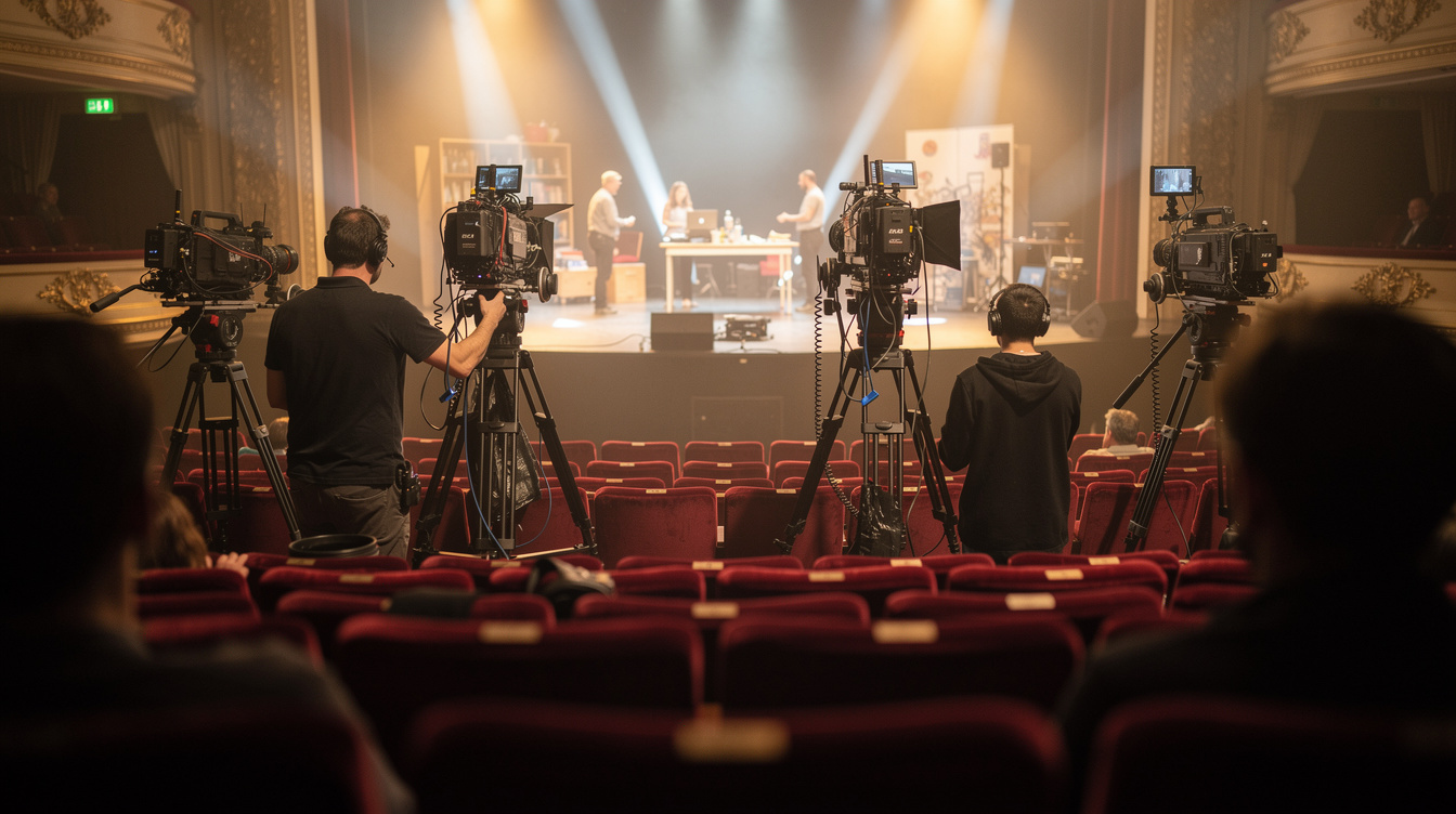 Multi-camera live event coverage setup with several cameras positioned around a stage