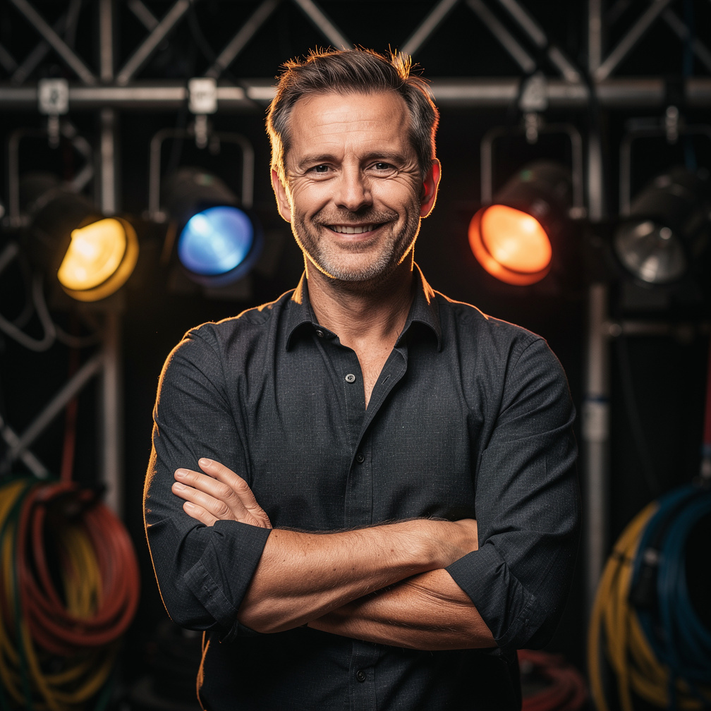 White British lighting director smiling backstage among lighting equipment