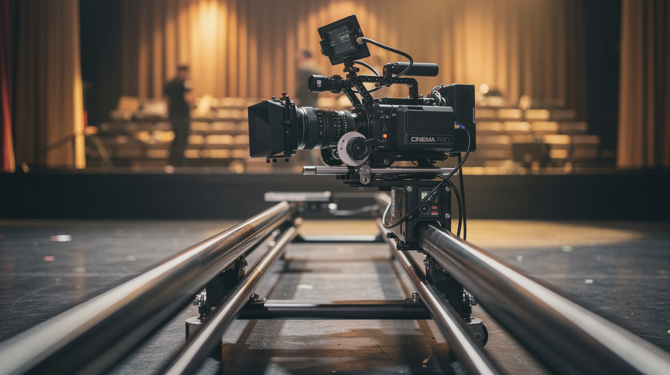 Cinema camera mounted on a slider dolly track on a stage set