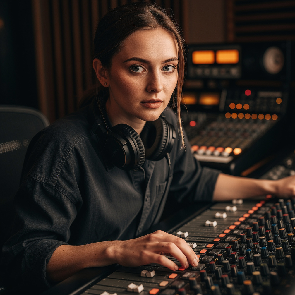 White British sound engineer wearing headphones at a mixing console
