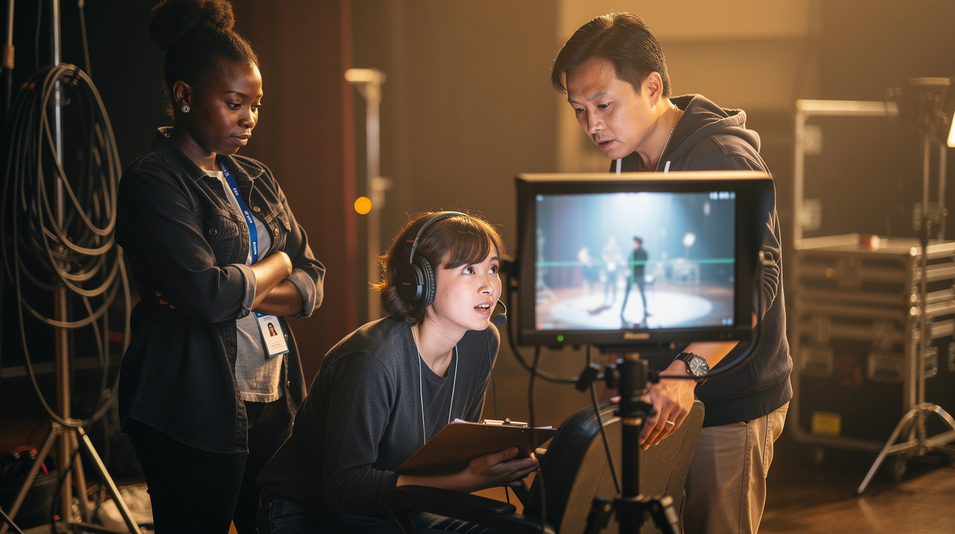 Small production crew reviewing a shot on a monitor during a live show taping