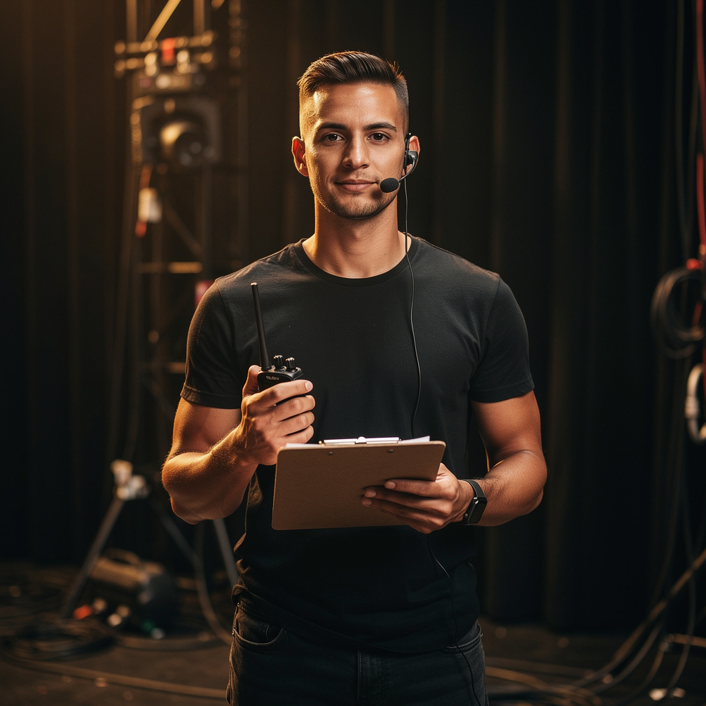 Mixed-race British stage manager holding a clipboard and walkie talkie backstage