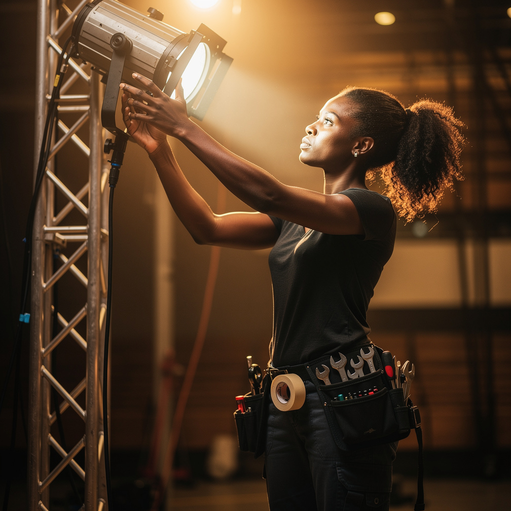 Black British lighting technician adjusting a spotlight on a stage lighting truss