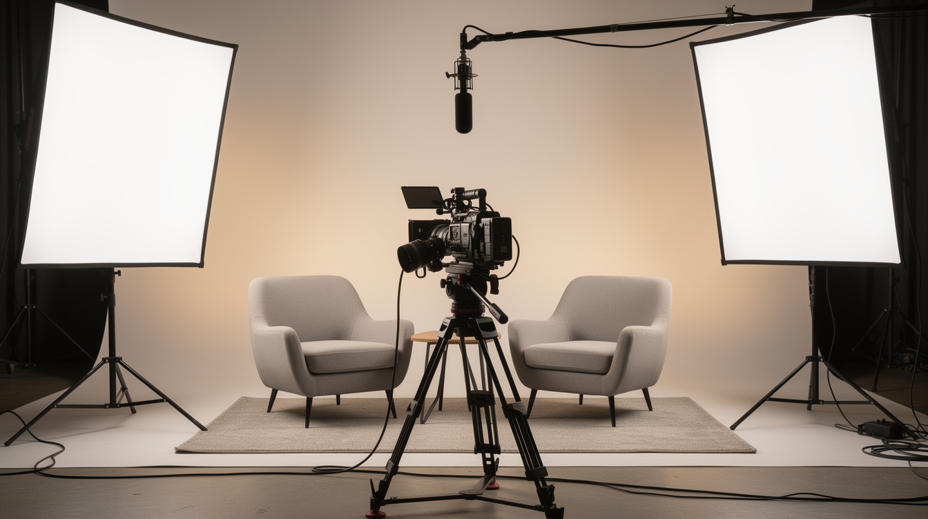 Professional interview set with two chairs, softbox lighting and a camera on a tripod