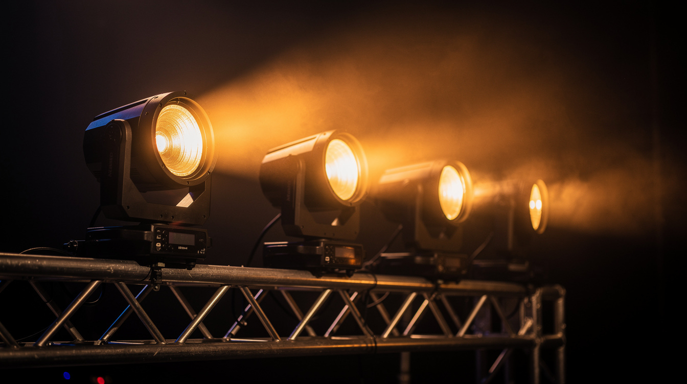 Theatrical spotlight fixtures glowing warm amber light on a dark stage rig