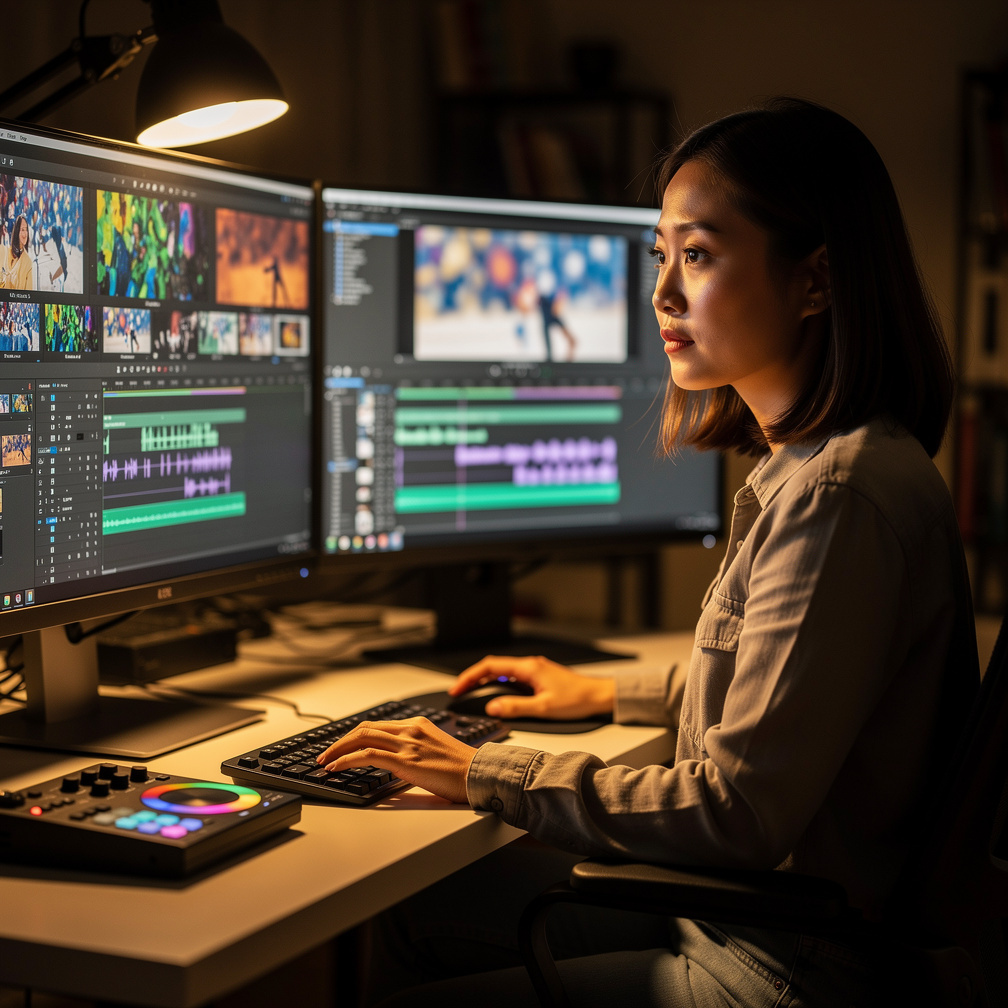 East Asian British video editor sitting at an editing suite with monitors showing footage