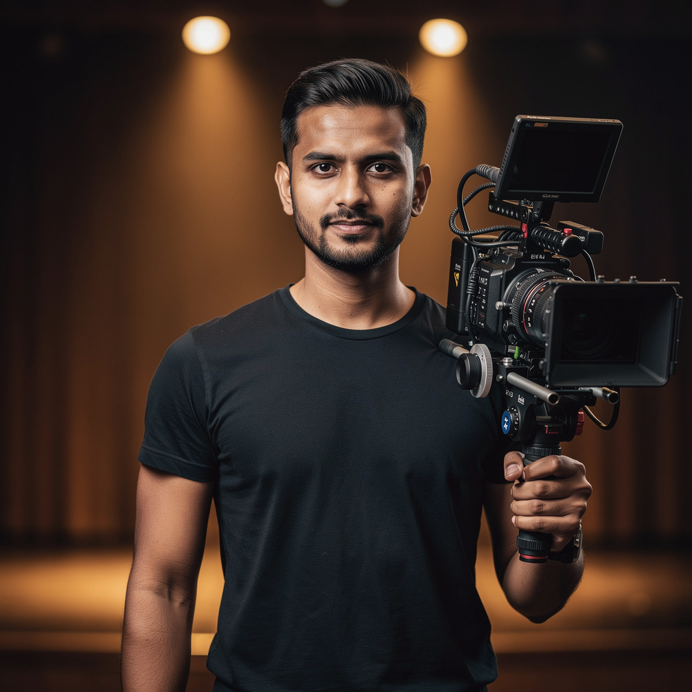 British-Asian camera operator holding a cinema camera on stage with warm spotlights behind him