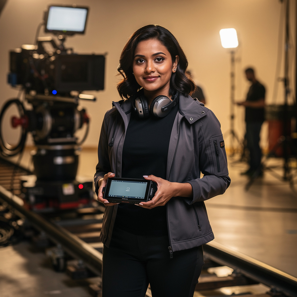 South Asian British camera director holding a monitor beside a camera dolly